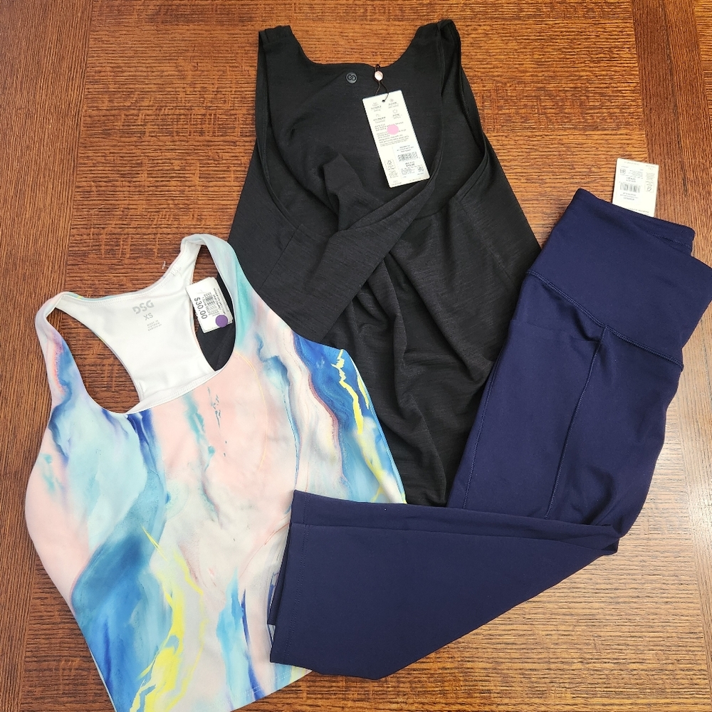 Nwt Bundle Of 3 Womens Xs Workout Navy Leggings Black Tank Colorful Top Calia